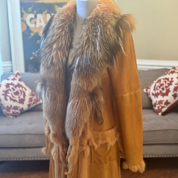 🦊 Vintage Red Fox Fur & Suede Handmade Coat – Boho Luxe Statement Piece - Picture 1 of 7